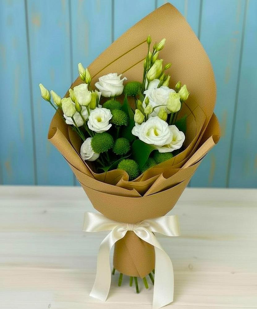 Букет цветов из: Хризантемы и Лизиантусы в Подлужном