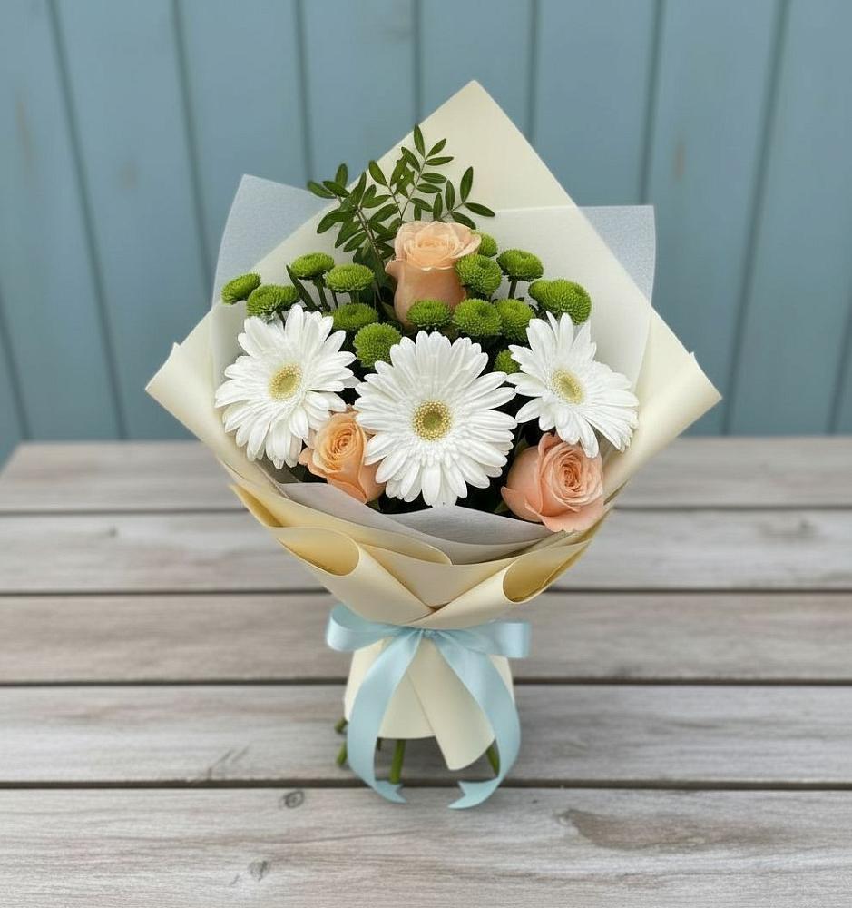Букет цветов из: Герберы, Розы и Хризантемы в Подлужном