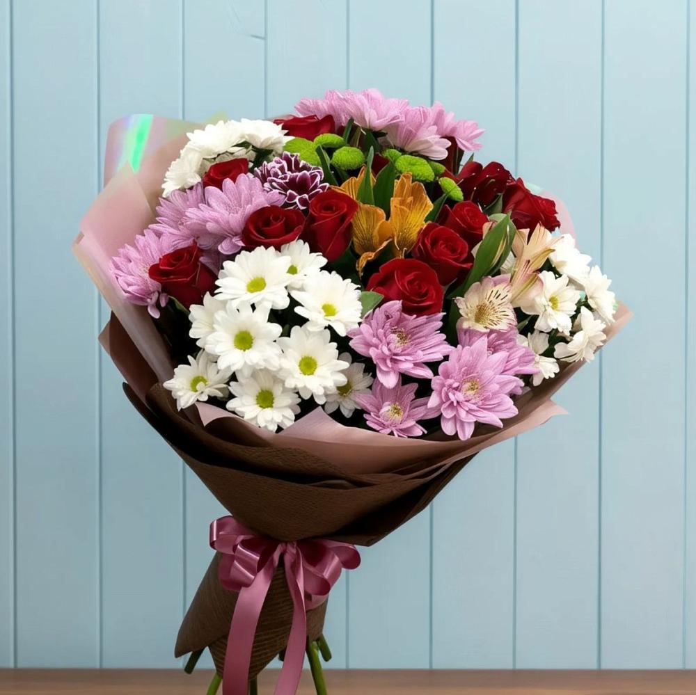 Букет цветов из: Розы, Хризантемы и Альстромерии в Подлужном