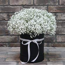 Цветочная композиция из Гипсофила в шляпной коробке в Подлужном