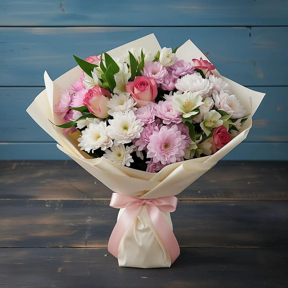 Букет цветов из: Хризантемы, Альстромерии и Розы в Подлужном